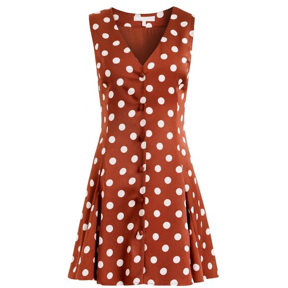 WAYF Darcy Dot Fit & Flare Mini Dress | Redwood Polka Dot | Size Est. S | NWOT - Picture 1 of 9